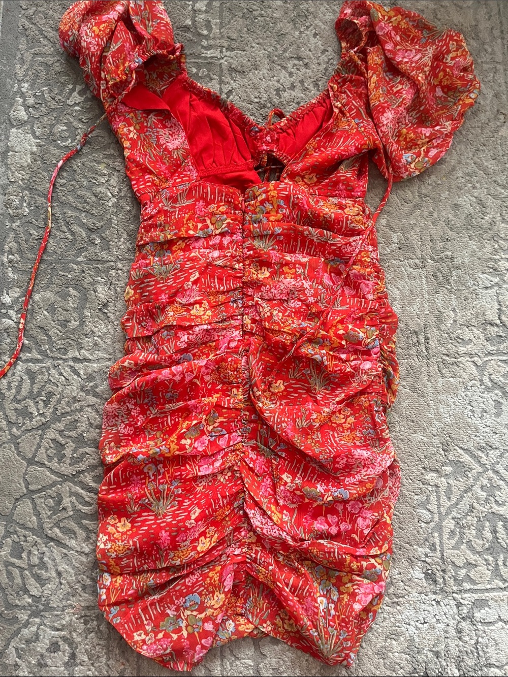 Red Floral Ruched Puff-Sleeve Mini Dress - Picture 2 of 3